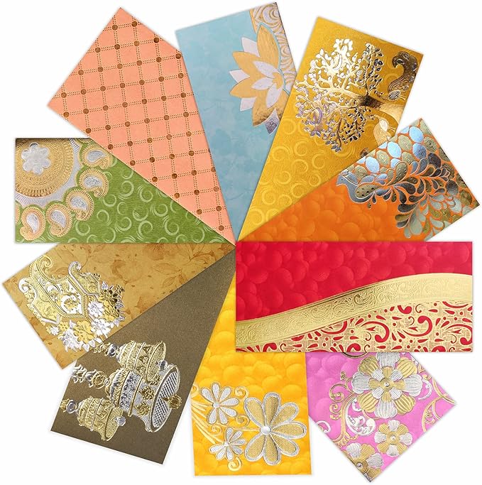PARTH IMPEX Shagun Gift Envelope (Pack of 10) Assorted Color Designs Money Holder Fancy Packet for Christmas Diwali Easter Birthday Wedding Anniversary Designer Invitation Envelopes