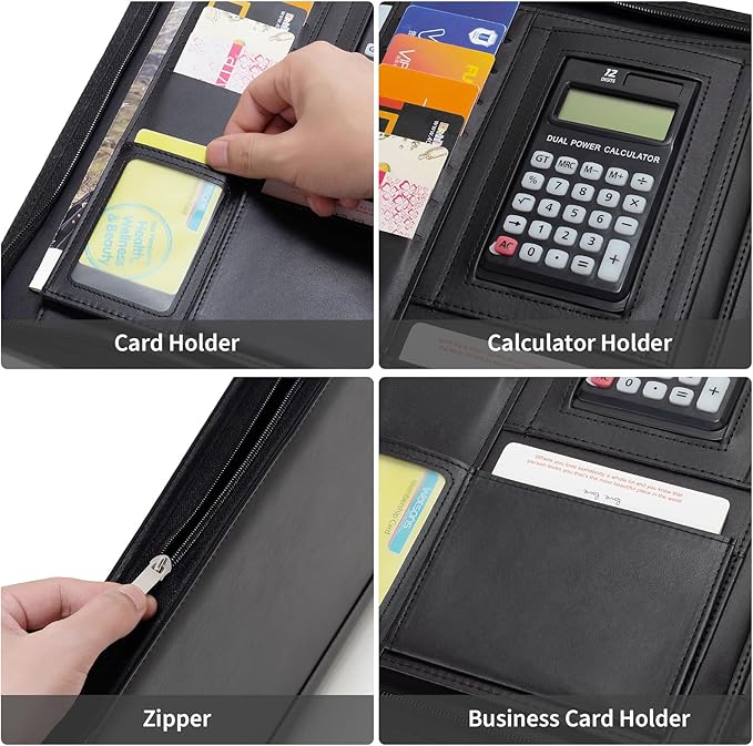 Portfolio Binder - 3 Ring Padfolio with Zipper, PU Business Portfolio Card Holder Tablet Sleeve A4 Writing Pad Clipboard, Meeting Document Organizer for Men Women