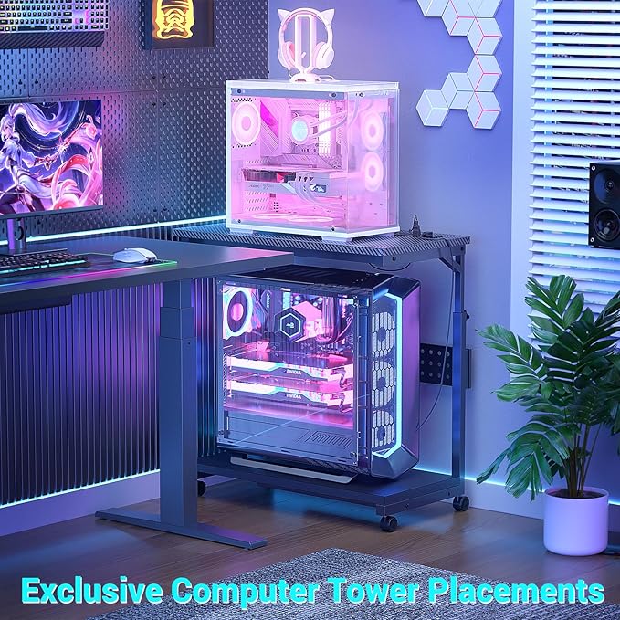 Computer Tower Stand with Power Strips, Height Adjustable PC Tower Stand/Cart with Wheels, Mobile Rolling CPU Holder, Computer Cart Side Stand for Computer Desk, 32", Carbon Fiber Black