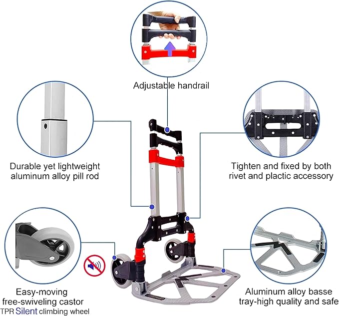 Folding Hand Truck with 2 Silent TPR Wheels, 165lbs Capacity Lightweight Portable Folding Dolly Multi-fuctional Foldable Hand Cart Heavy Duty Utility Cart for Home Office and Travel Use