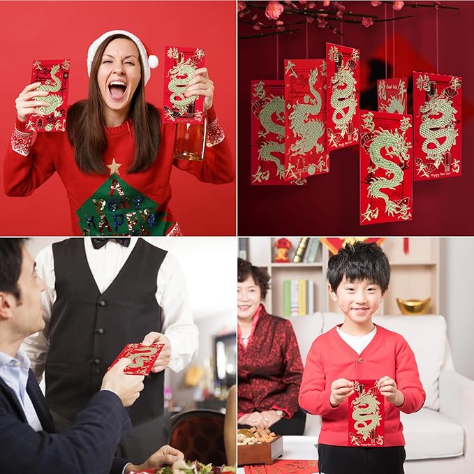 Red Envelopes Chinese New Year Dragon 2024, Lunar New Year of the Dragon Envelope Large Interoffice Envelopes Red Packet Hong Bao with 6 Different Gold Embossed Patterns (18 Pcs 6.69*3.54in)