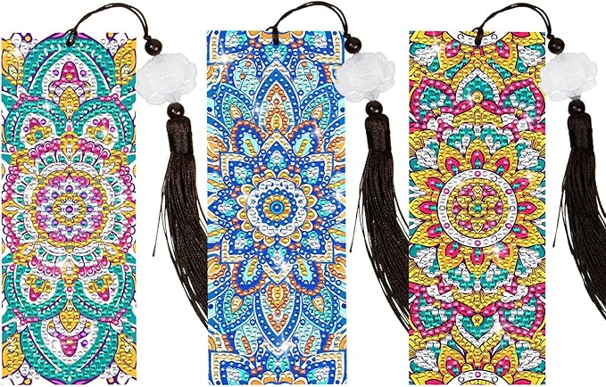 Anseal 3 Pcs 5D Diamond Bookmarks Painting for Book Lovers, Mandala PU Leather Diamond Dotz Art Bookmark for Adults, Tassel Beaded Book Mark for Graduation Birthday Reading Present