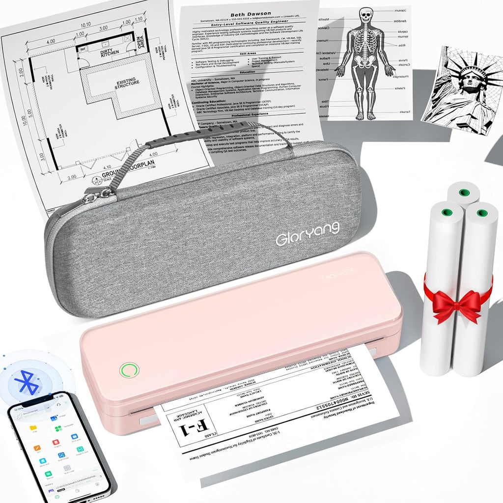 Inkless Portable Printer for Travel, Wireless Thermal Printer Supports 8.5 x 11 Inch US Letter Size, Bluetooth Machine Includes Carry Case and 3 Rolls of Thermal Paper Kit, Pink