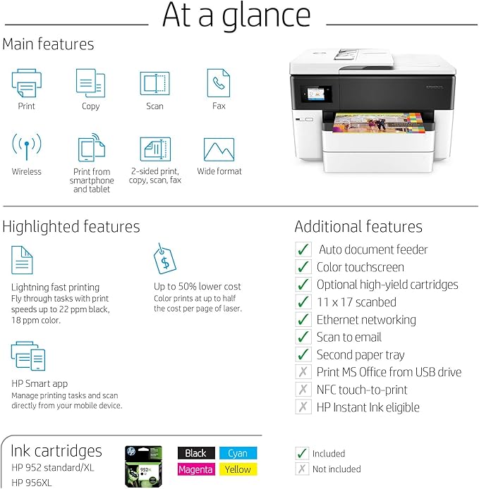 HP OfficeJet Pro 7740 Wide Format All-in-One Color Printer with Wireless Printing, Works with Alexa (G5J38A), White/Black