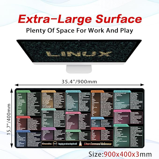 Linux Commands Mouse Pad,200+ Commands Desk Mat,Shortcuts to Kali/Ubuntu/OpenSUSE/Red Hat/Arch/Debian/Unix Programmer. XXL Cheat Sheet Mousepad 35.4" x 15.7"
