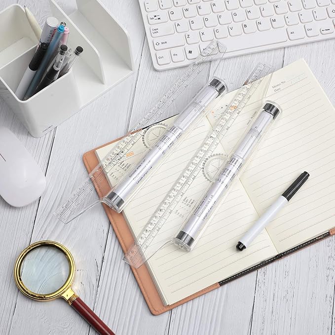 Frienda 2 Pieces Plastic Measuring Rolling Ruler Drawing Parallel Multifunctional Drafting Ruler for Architect Office Math(12 Inch)