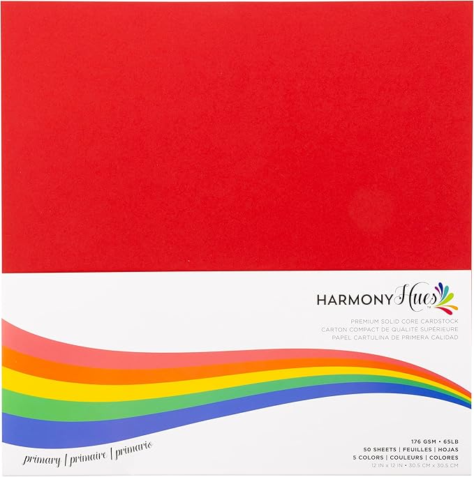 Cardstock 12 x 12 Paper Pack - 65lb Smooth Card Stock for Crafts, Cardmaking, Art Projects - 50 Square Scrapbook Sheets, 5 Assorted Colors - Double Sided with Solid Core, Primary