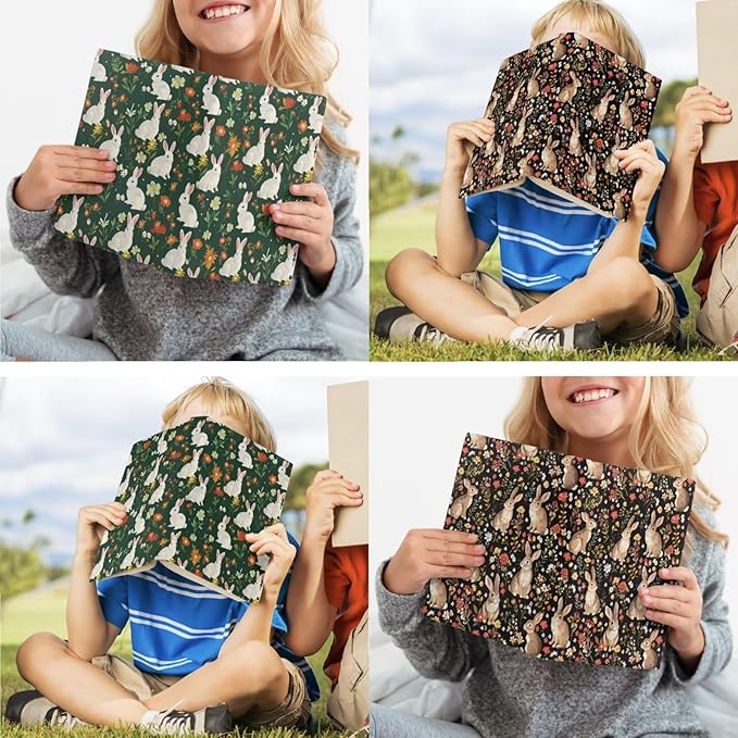 Bunny Floral Print Book Cover Book Protector 2 Pack Reusable, Stretchable Book Sox Hardcover Covers Reusable Book Protector Pouch, Green and Brown