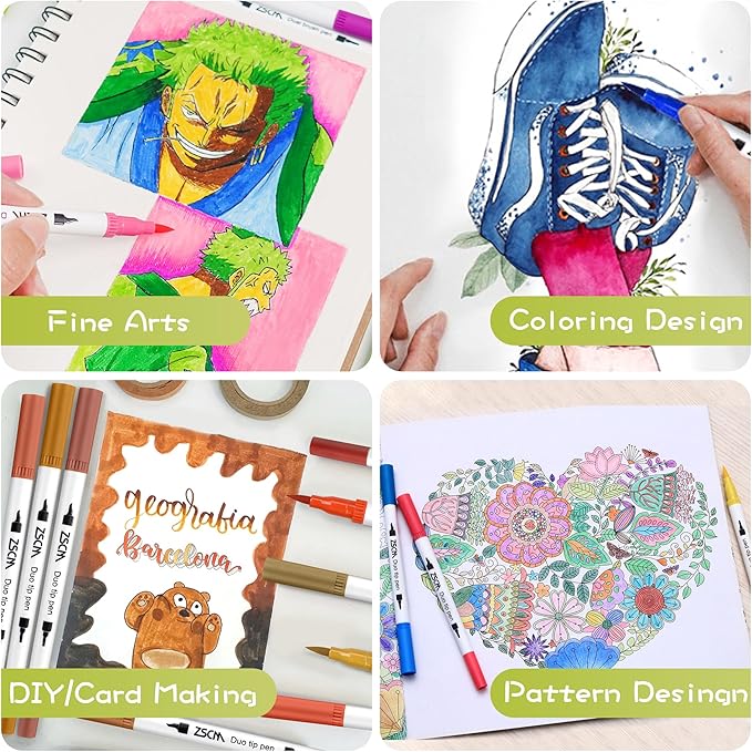 Duo Tip Brush Markers Art Pen, ZSCM 72 Colors Artist Fine Brush Tip Coloring Pens Markers for Easter Eggs Painting, Adult Coloring Books, Drawing Journaling Note Taking School Supplies