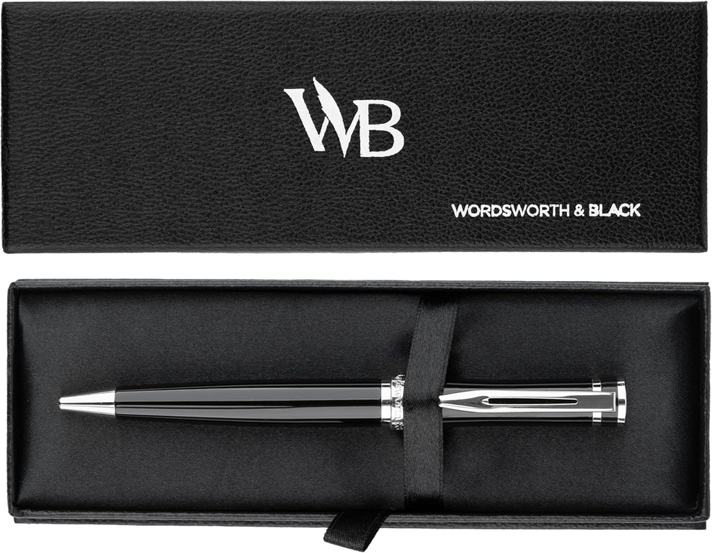 Wordsworth and Black Ballpoint Pen Black Lacquer- Stunning Luxury Pen Chrome Finish, Ink Refill, Best Gift Set for Men & Women, Refillable, Elegant, Nice Pens, Fine Point