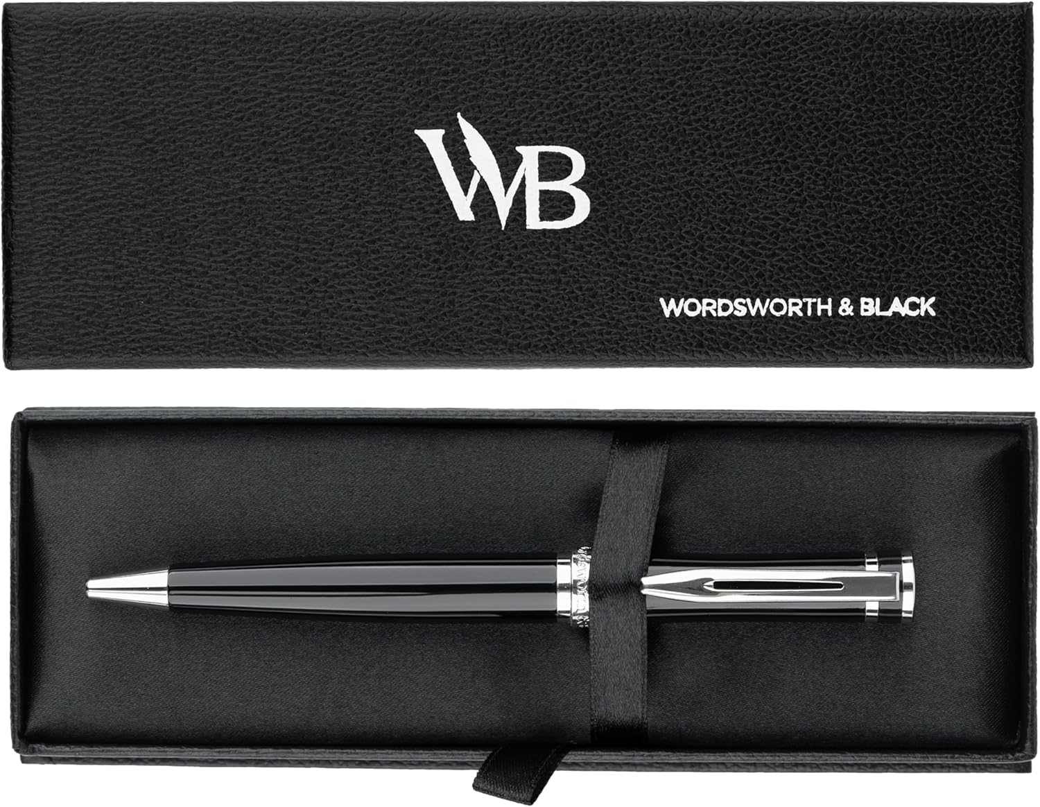 Wordsworth and Black Ballpoint Pen Black Lacquer- Stunning Luxury Pen Chrome Finish, Ink Refill, Best Gift Set for Men & Women, Refillable, Elegant, Nice Pens, Fine Point