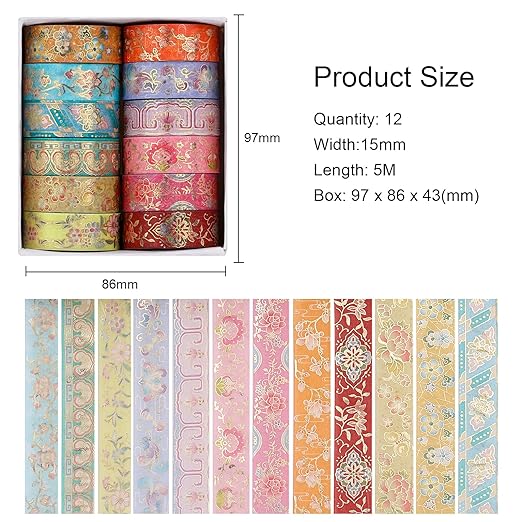 Lychii Washi Tape Set, 12 Rolls Vintage Masking Tape, Gold Foil Decorative Tape, 5M/16.4Ft Long Glitting Oriental Aesthetic Journaling Supplies for Planner, Bujo, Artistic Projects - 15mm