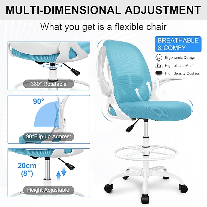 Primy Drafting Chair Tall Office Chair with Flip-up Armrests Executive Ergonomic Computer Standing Desk Chair with Lumbar Support and Adjustable Footrest Ring（Blue）