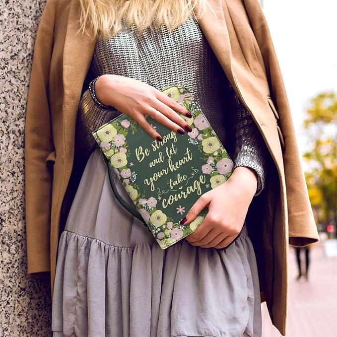 Lotusorchid Floral Bible Book Cover Case with Handle Pocket, Portable Bible Cover Case with Pen Storage, Sturdy PU Bible Tote Bag with Verse for Women Girls, Bible Accessories, Green,M