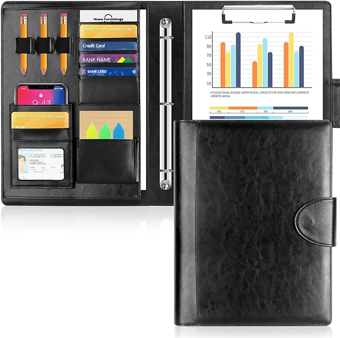 Toplive Padfolio Folder 3 Ring Binder PU Leather Portfolio, Business Interview Resume Portfolio A4/ Letter Size Document Organizer with Clipboard for Women Men, Black