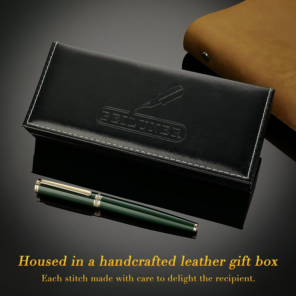 BEILUNER British Racing Green Fountain Pen,Stunning Luxury Pens with 24K Gold Accents, Gorgeous 24K Gilded Nib(Medium), Ink Converter, Pen Gift for Men&Women-Elegant, Reliable,Fancy for Writing