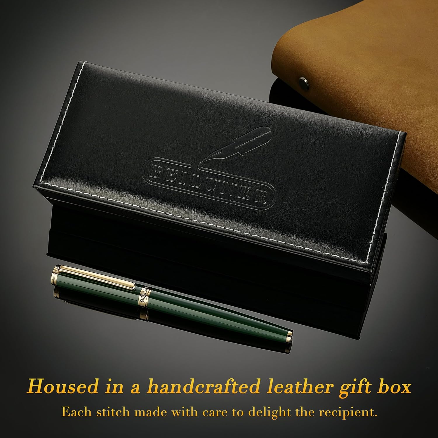 BEILUNER British Racing Green Fountain Pen,Stunning Luxury Pens with 24K Gold Accents, Gorgeous 24K Gilded Nib(Medium), Ink Converter, Pen Gift for Men&Women-Elegant, Reliable,Fancy for Writing