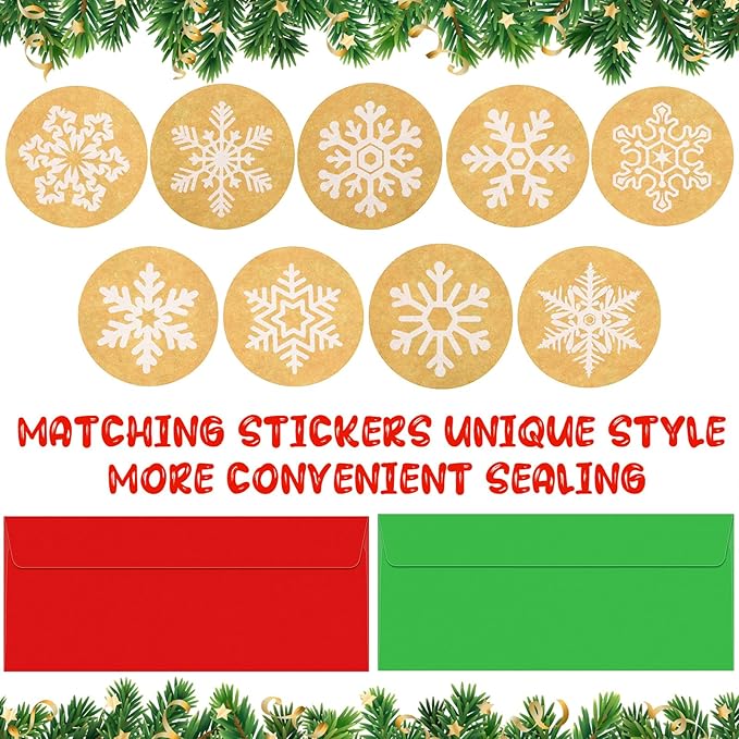 100 Pieces Number 10 Envelopes Gift Card Envelopes with 200 Pieces Christmas Kraft Snowflake Stickers Valentine's Day Stickers for Festive Letters Holiday Mail Gift Supplies (Simple Style)