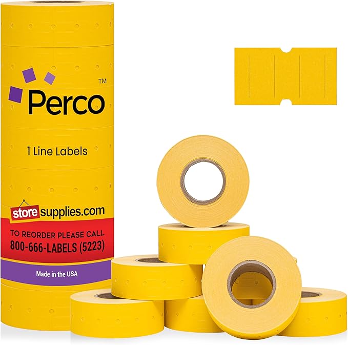Perco 1 Line Yellow Labels - 8 Rolls, 1 Sleeve, 8,000 Blank Price and Date Gun Labels for Perco 1 Line Price and Date Guns - Made in USA