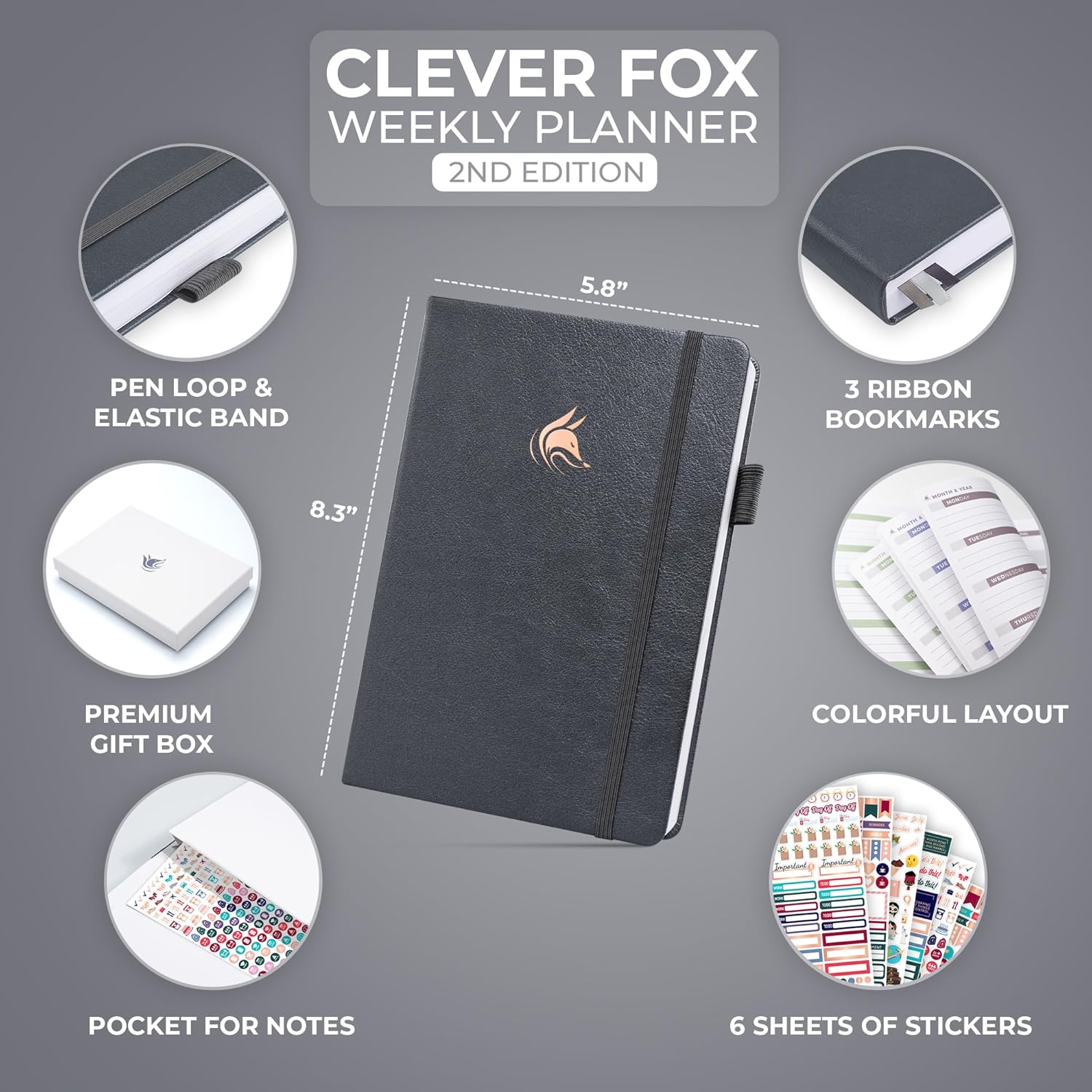 Clever Fox Planner 2nd Edition – Colorful Weekly & Monthly Goal Planner, Time Management & Productivity Organizer, Undated, A5 (Silver Black)