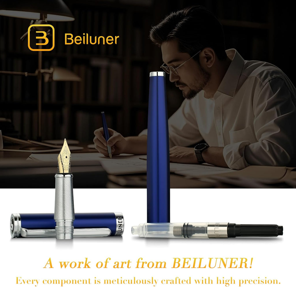 BEILUNER Luxury Fountain Pen Set,Solid 24K Gilded Medium Nib, Modern Classic Limited Edition -Includes 6 Ink Cartridges&Ink Refill Converter with Gift Case-Perfect for Men and Women（Charming blue）