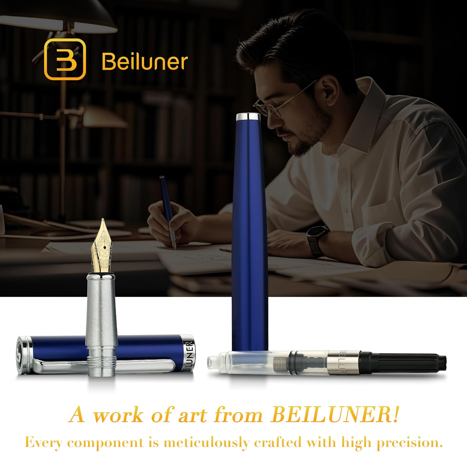 BEILUNER Luxury Fountain Pen Set,Solid 24K Gilded Medium Nib, Modern Classic Limited Edition -Includes 6 Ink Cartridges&Ink Refill Converter with Gift Case-Perfect for Men and Women（Charming blue）