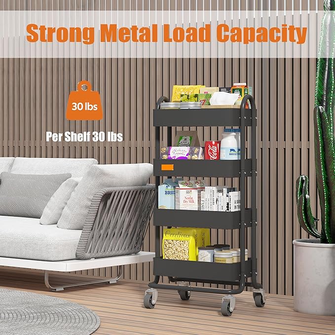 4-Tier Black Rolling Cart,Metal Rolling Utility Cart with Handle,Multifunction Rolling Carts with Wheels,Kitchen Storage Carts Suitable for Office,Home,Kitchen,Garden（13.4"x18.1"x40"） Black