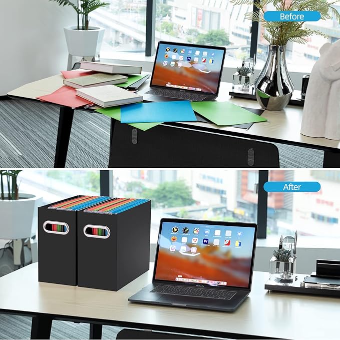 Oterri File Organizer, Small Storage Box, Cardboard File Folder Organizer, Collapsible File Box, Hanging File Organizer for Letter Size, Portable File Box with Handle, Only Box（Black，2 Packs）