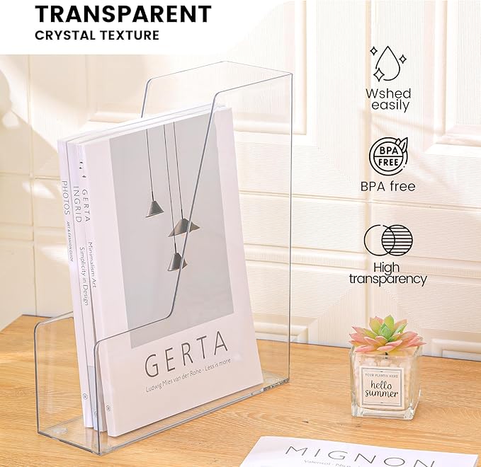 Vertical File Holder, Clear PET Desk Organizer and Storage Bins Holding for Magazines, Binders, Notebooks, Envelopes, Multi-purpose Plastic Document Organizer for Home Office, 4 pack