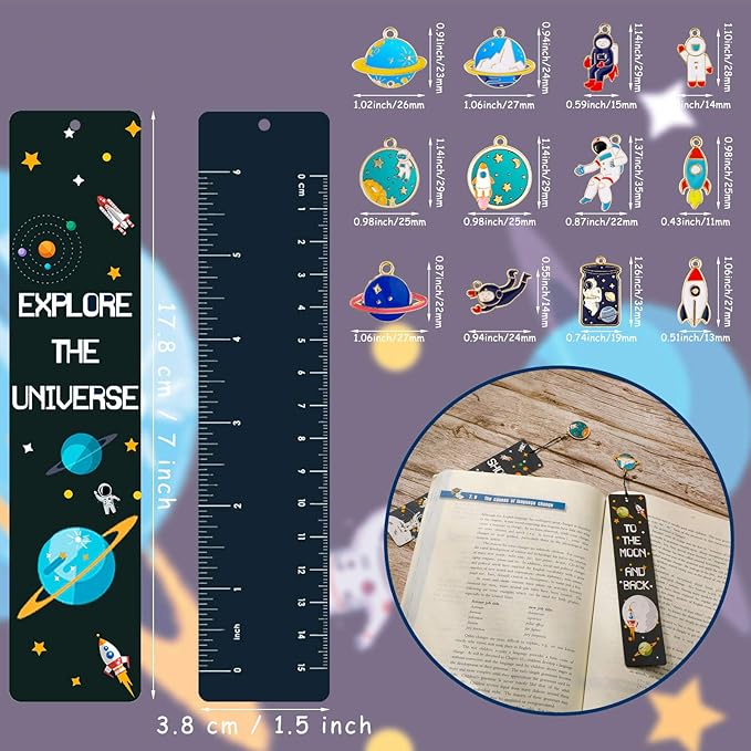 Christmas Space Theme Bookmarks with Metal Charms Planet Rocket Space Ship Theme Bookmarks Inspirational Quotes Bookmarks for Space Christmas Party Favors Gifts Kids Boys Girls Encourage(24 Pieces)