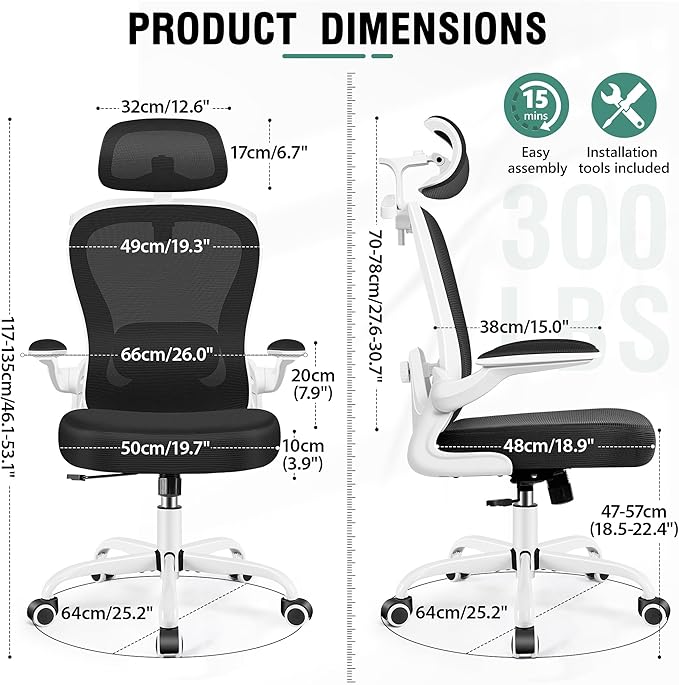 Office Chair, Ergonomic Office Chair with 3D Lumbar Support 3D Headrest, Comfy High Back Home Desk Chairs, Breathable Mesh Computer Chairs with Flip-Up Armrests & Hanger(White)