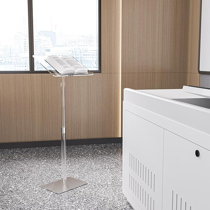 HMYHUM Small Acrylic Podium Stand, Angle Adjustable, 17.7" L x 13" W x 42.3" H, Modern Lecterns & Pulpits for Classroom, Concert, Church, Speech, Easy Assembly, Metal Base, Clear