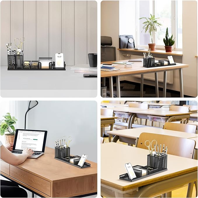 SUPEASY Pen Holder for Desk, 6 Piece Mesh Desk Organizer set, Desk Accessories for Office Organization with Mail Organizer, Letter Phone Holder, Sticky Notes Caddy Storage, Black