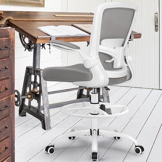 FelixKing Drafting Chair Ergonomic Tall Office Chair, Breathable Mesh Chair with Adjustable Footrest Ring Lumbar Support Flip-up Armrests, High Back Executive Comfy Task Computer Chair for Home Office