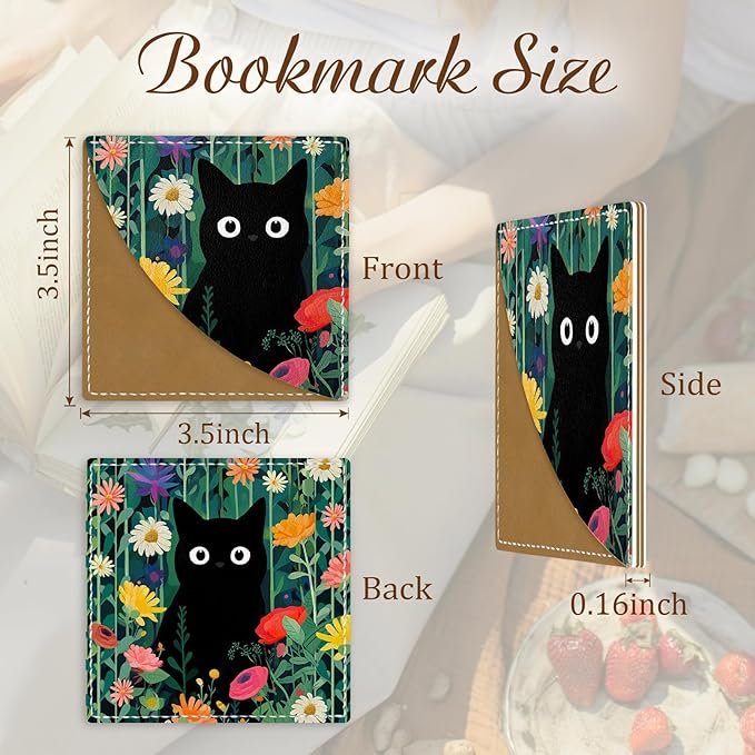Cute Black Cat Floral Corner Bookmarks, Funny Leather Book Accessories for Book Lovers, 3 Pcs Reading Book Page Markers for Women Men Student Teacher Girls Boys Kids Retirement Birthday Gifts