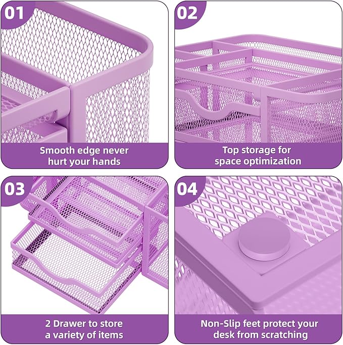 Marbrasse Mesh Desk Organizer, Pen Organizer with 2 Drawer, Multi-Functional Pencil Holder for Desk, Desk Organizers and Accessories with 5 Compartments + Drawer for Office Art Supplies (Purple)