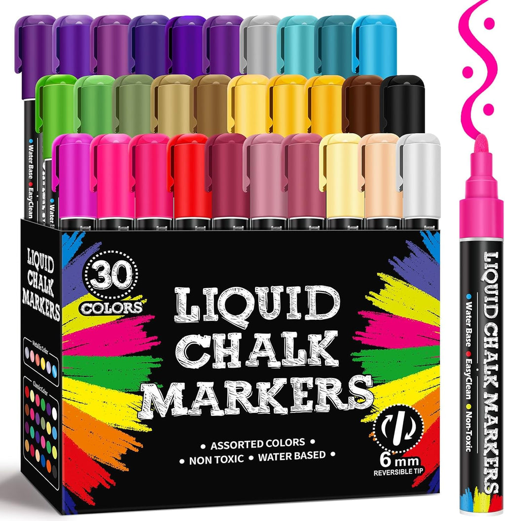 BainGesk 30 Colors Liquid Chalk Markers, Dust-Free Erasable Pens for Blackboards, Chalk Markers for Chalkboard, Windows, Glass, Mirror, Acrylic Dry Erase Board, 6mm Reversible Bullet & Chisel Tip