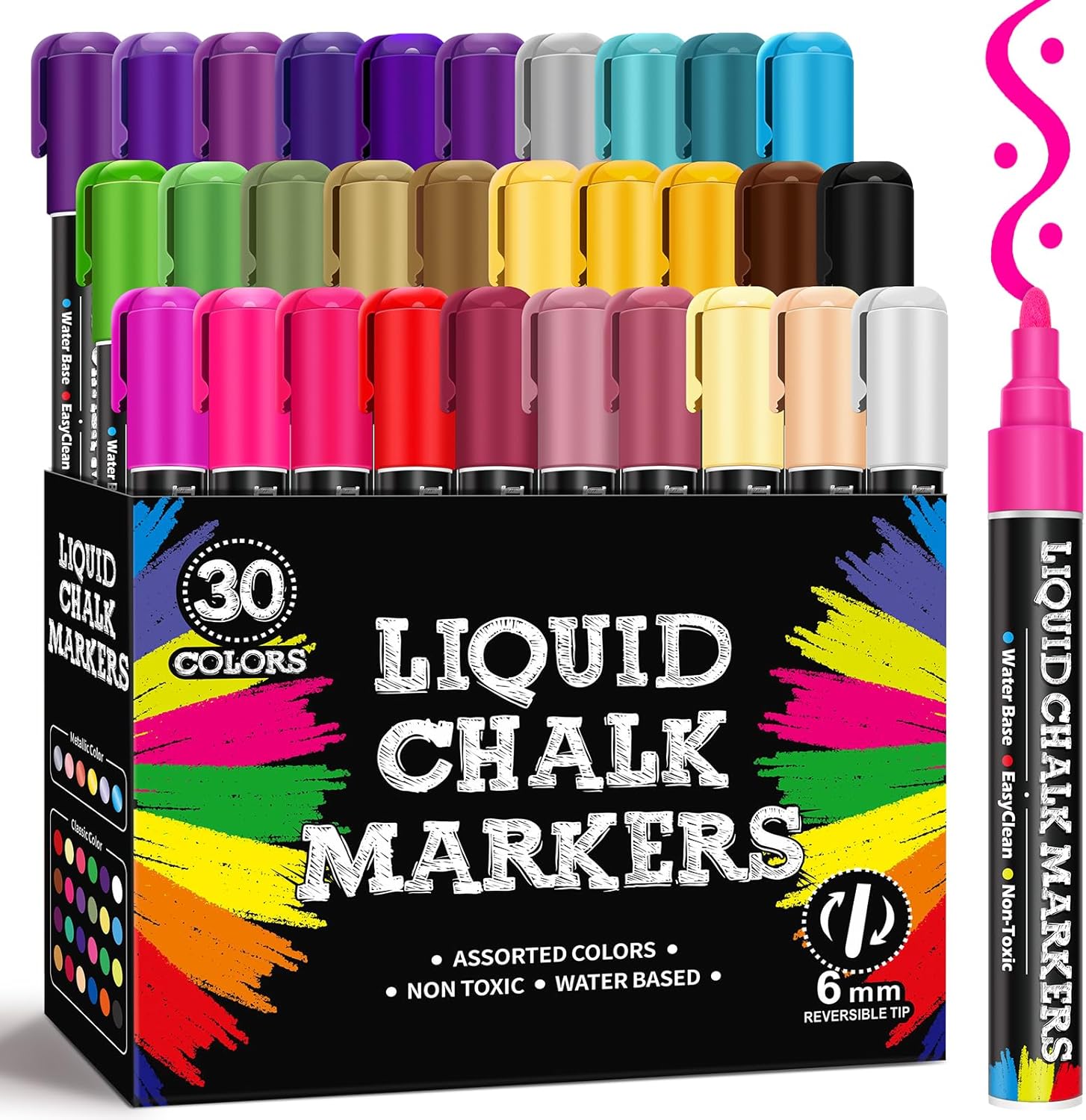 BainGesk 30 Colors Liquid Chalk Markers, Dust-Free Erasable Pens for Blackboards, Chalk Markers for Chalkboard, Windows, Glass, Mirror, Acrylic Dry Erase Board, 6mm Reversible Bullet & Chisel Tip