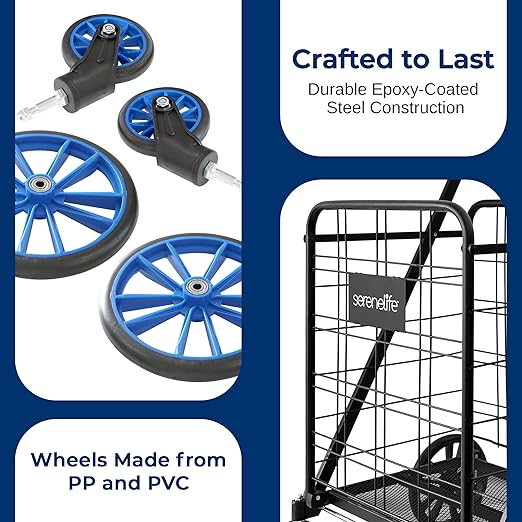 SereneLife Utility Shopping Supermarket Cart, 360 Rolling Swivel Front Wheels, Collapsible Utility Cart, Heavy Duty, Portable, 3.5" D x 19.5" W x 38" H, Large Capacity 110 lbs, Luggage, Laundry, Blue