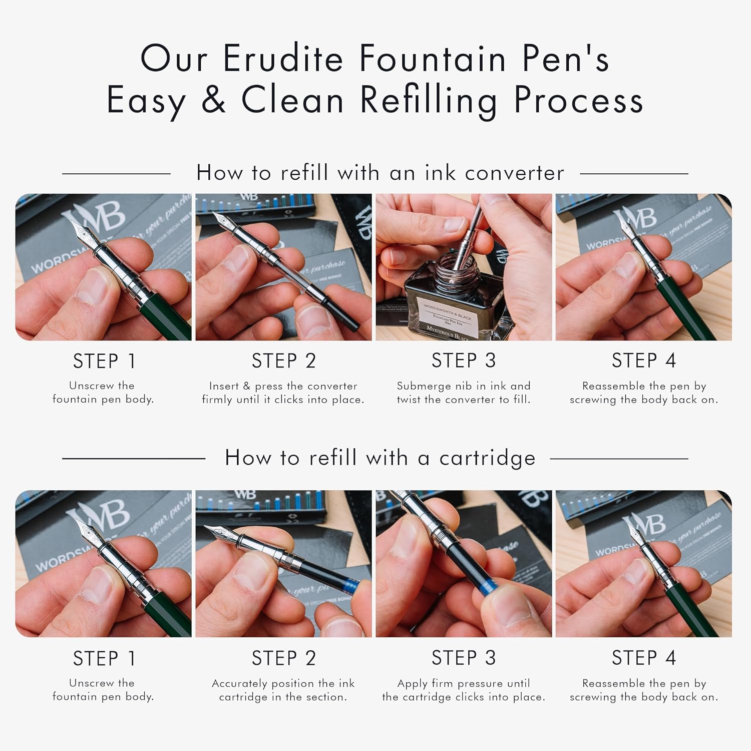 Wordsworth & Black Fountain Pen Set, Medium Nib, Includes 24 Pack Ink Cartridges, Ink Refill Converter & Gift Pouch, Chrome Finish, Calligraphy, [Racing Green], Perfect for Men & Women