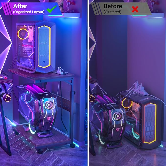 Computer Tower Stand with Power Strips, Height Adjustable PC Tower Stand/Cart with Wheels, Mobile Rolling CPU Holder, Computer Cart Side Stand for Computer Desk, 24", Black Walnut