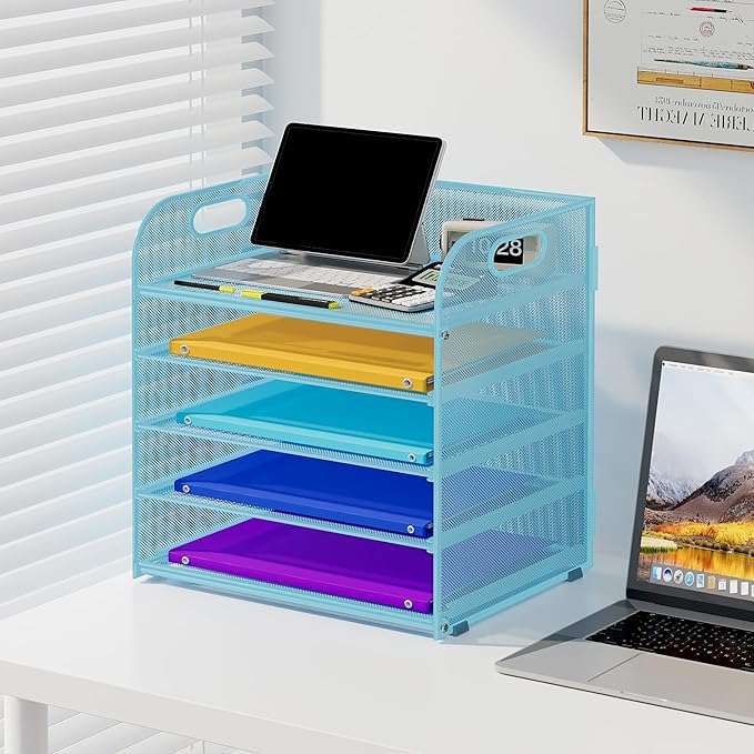 5 Tier Paper Organizer with Handle, Metal Mesh Desk Organizer File Folder Organizer Paper Letter Tray Desktop Document Sorter for Classroom, School, Office Organization and Storage - Blue