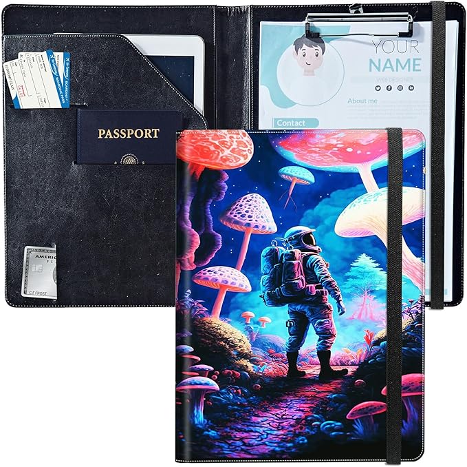 PU Leather Padfolio Clipboard Notepad with Pen Loop and Elastic Strap Interview/Resume Document Organizer for Business School Office,Astronaut Under Mushroom