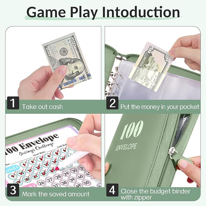 Sooez Savings Challenges Book with Extra Pocket Storage, Zipper Closure 100 Envelopes Money Saving Challenge, PU Saving Binder with Cash Envelope & Laminated Tracker for Cash Bill, 8.3”x 10.5”, Pink