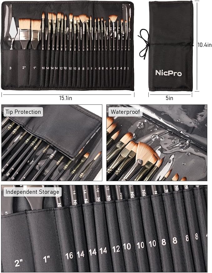 Nicpro 26pcs Paint Brush Set, Professional Paintbrushes with Palette Knife, Craft Paint Brushes for Acrylic Painting, Oil, Watercolor, Gouache & Canvas, Drawing & Art Supplies for Adults, Kids Artists