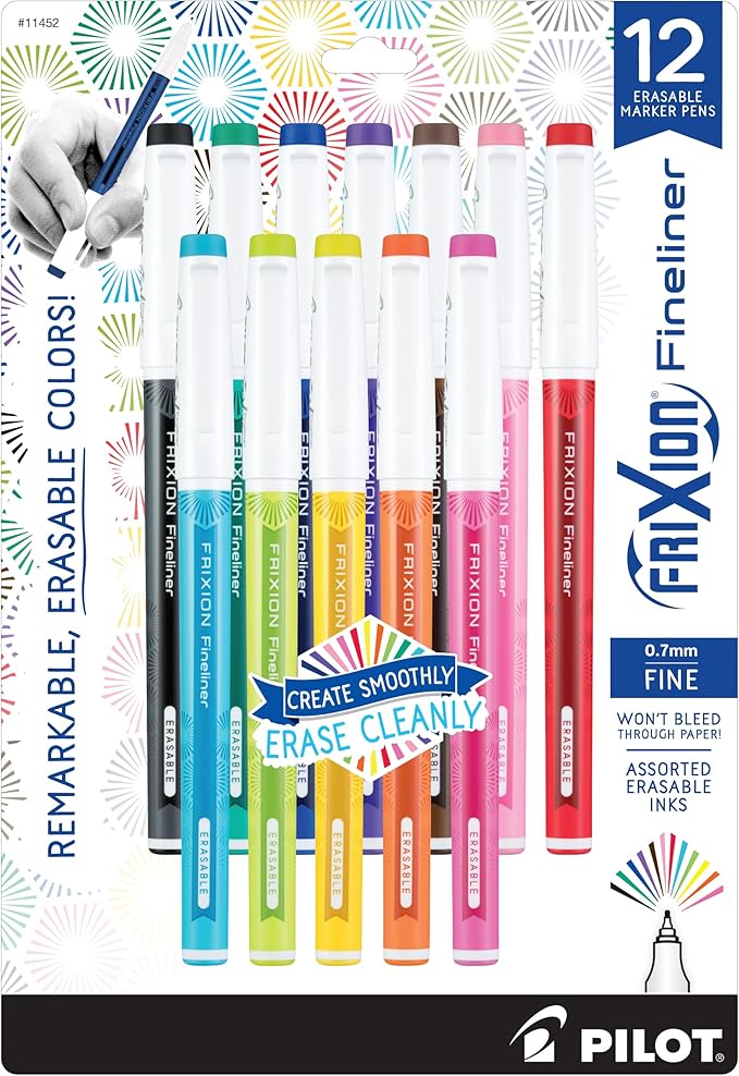 Pilot, FriXion Fineliner Erasable Marker Pens, Fine Point 0.7 mm, Pack of 12, Assorted Colors