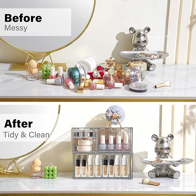 Prsildan Acrylic Drawer Makeup Organizer with 10 Drawers, Set of 2 Office Desk Organizers Accessories, Clear Stackable Storage Drawers for Vanity, Countertop, Craft, Jewelry, Art Supply Organization