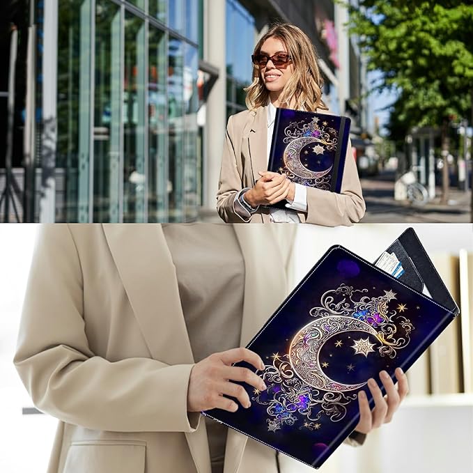 PU Leather Padfolio Folder Clipboard Portfolios Organizer Conference Document Organizer with Business Card Holder Storage Clipboard Writing Pad,Moon Star Galaxy Floral