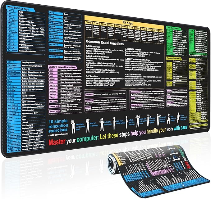 Waterproof Desk pad—Excel Cheat Sheet Desk pad—Contains Various commonly Used Office Software Such as Excel, Word, etc—Large XL Mouse pad Gaming|Office Keyboard pad|Computer mat with excel Shortcuts
