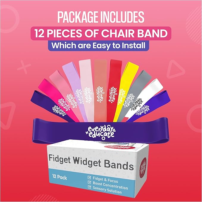 Chair Bands for Kids with Fidgety Feet - Fidget Bands for Classroom Chairs, Feety Bands, Sensory Flexible Bands, ADHD Chair Bands for Kids, Anti-Snap Bands for Desk and Seats Multicolor (Pack of 12)